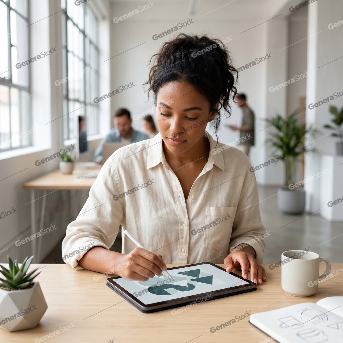 Focused young Black woman graphic designer drawing on a digital tablet with a stylus in a bright modern office
