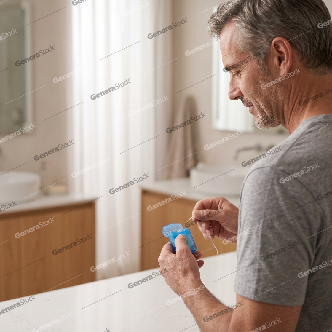 Middle-aged man preparing to floss his teeth in a bright, modern bathroom