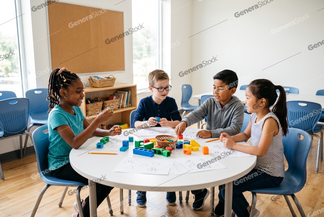Diverse group of elementary school children sitting together at