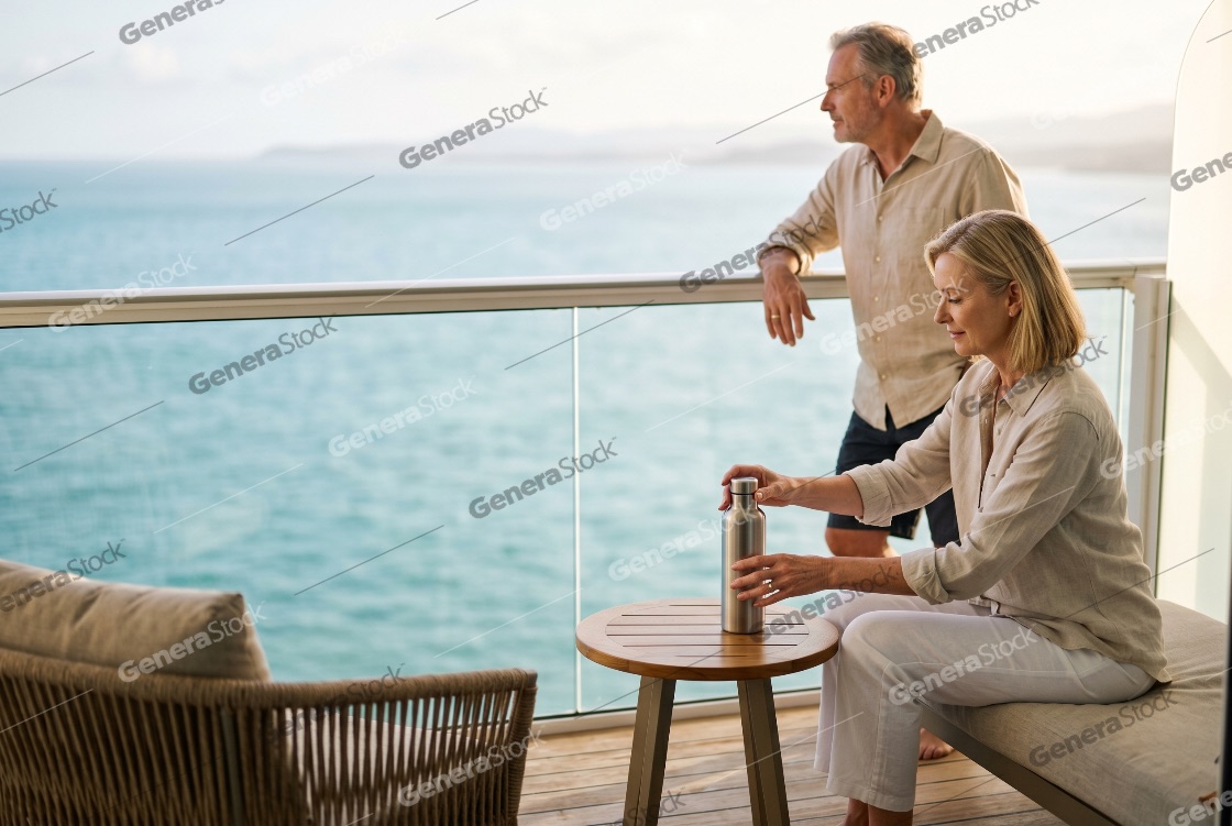 Senior couple enjoying a relaxing vacation on a private balcony overlooking the ocean