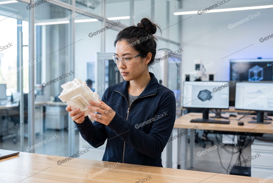 Professional female engineer wearing safety glasses inspecting a
