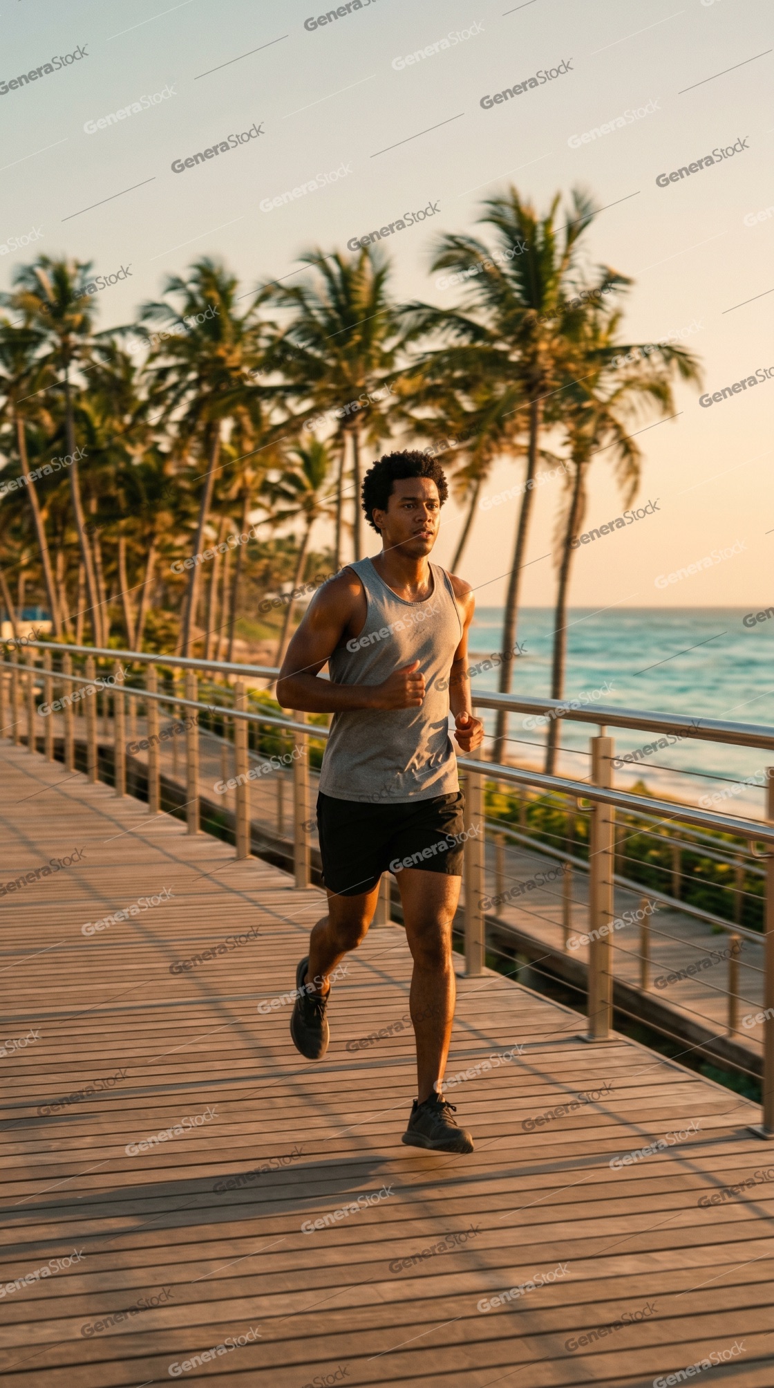 Athletic young man jogging on a coastal boardwalk at sunset with palm trees and ocean view