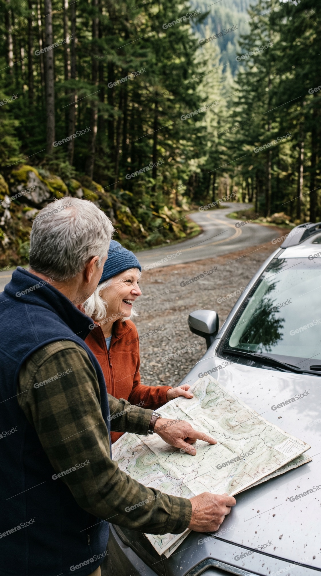 Happy senior couple planning a road trip with a paper map on a car hood in a forest