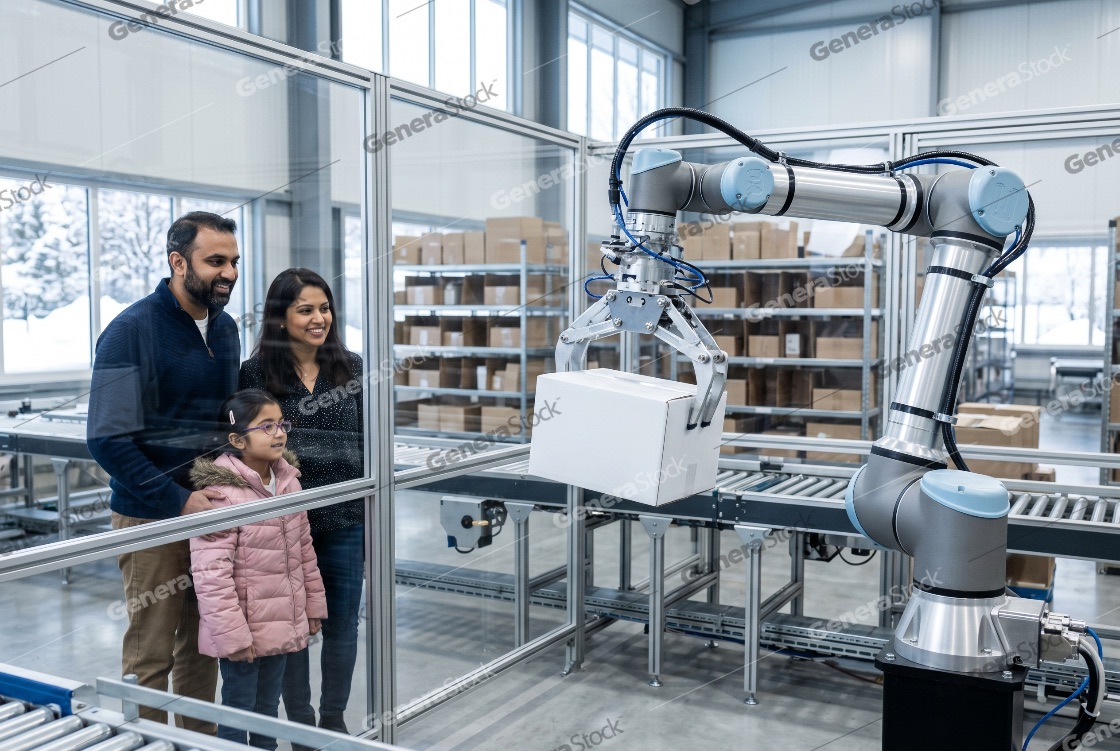 Indian family with a young daughter observing an automated robotic arm lifting a package in a high-tech logistics warehouse