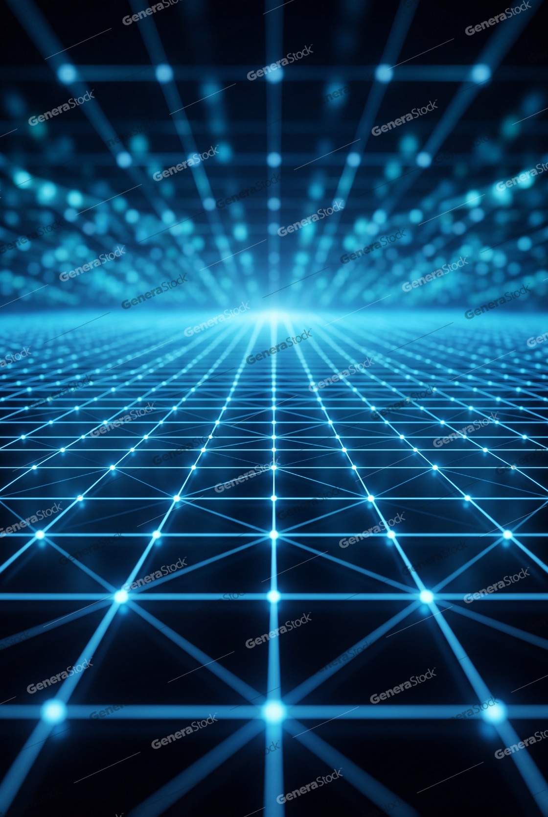 Abstract blue digital grid network with glowing nodes and lines representing technology, big data, and global connectivity in a futuristic cyberspace