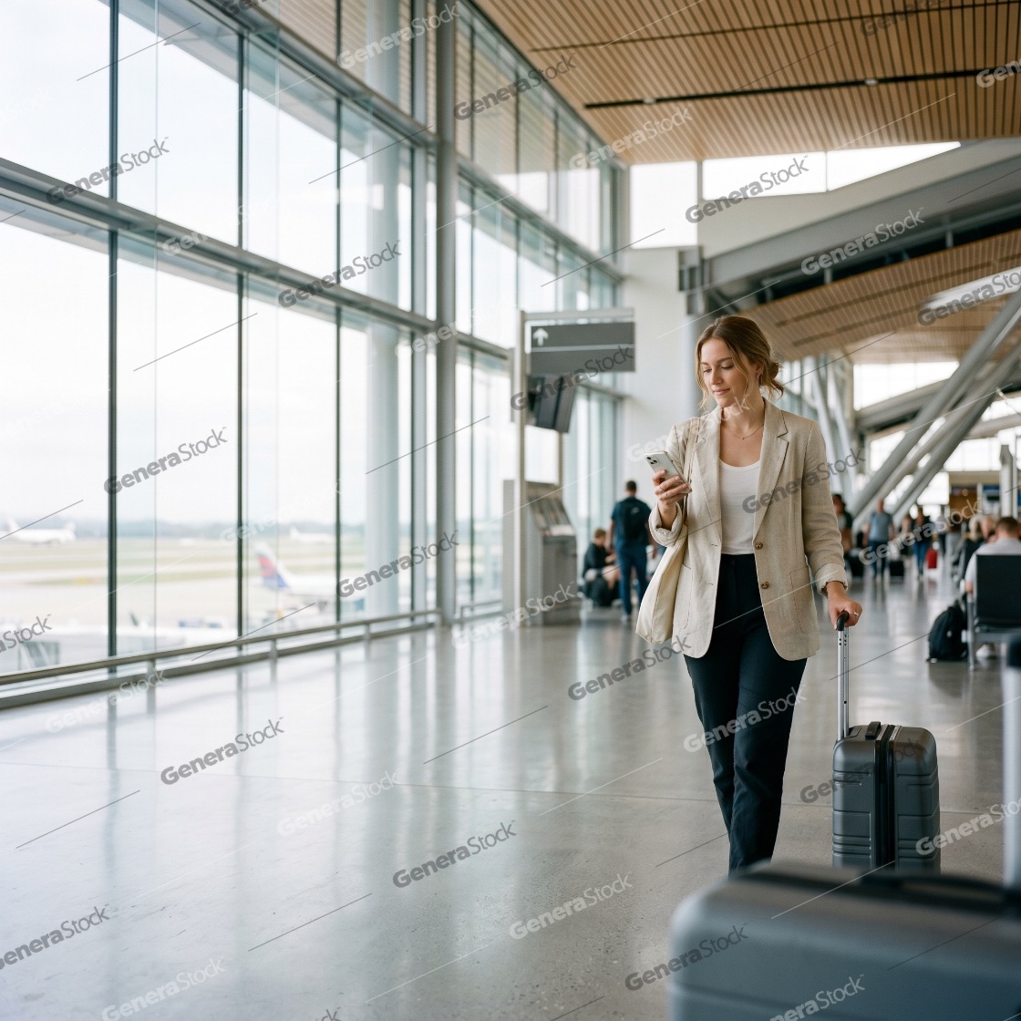 Young professional woman walking through a modern airport terminal with a suitcase while checking her smartphone