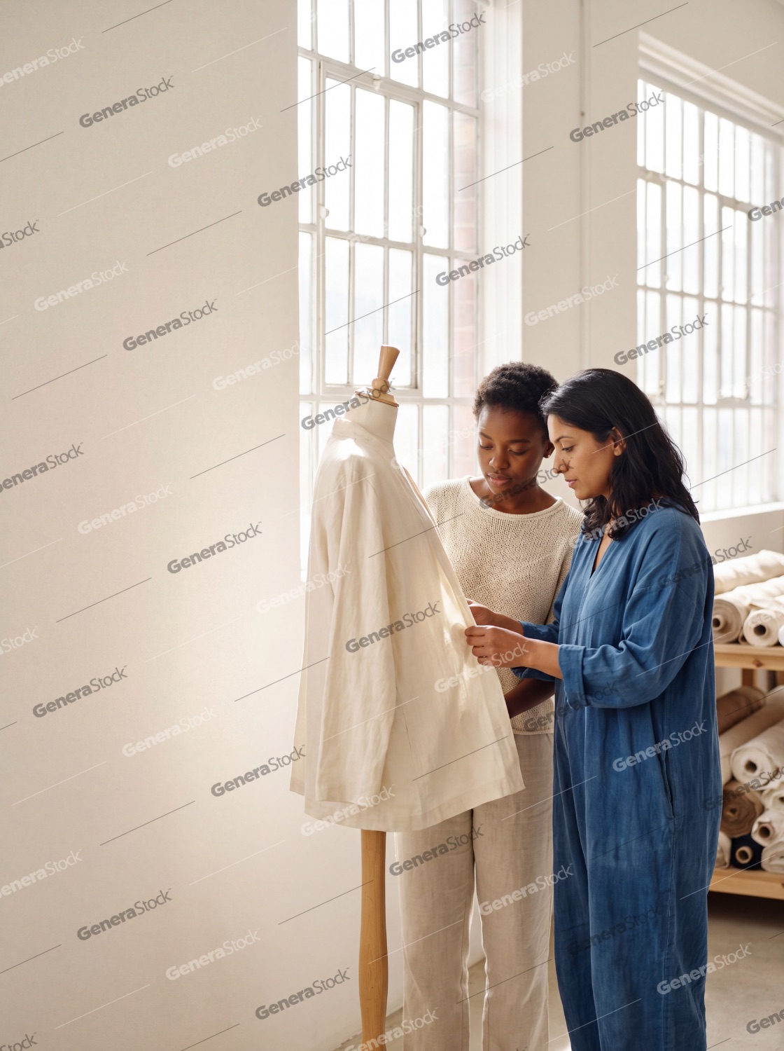 Two diverse female fashion designers working together in a bright, sunlit studio, carefully adjusting a cream-colored linen garment on a mannequin while discussing the design details