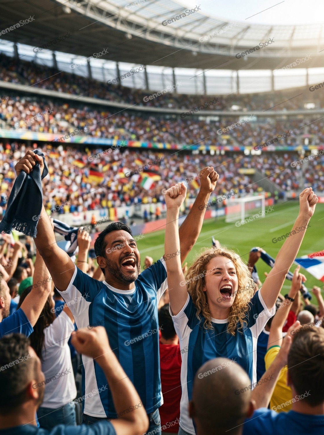 Excited Diverse Soccer Fans Cheering and Celebrating a Goal at a Packed Football Stadium