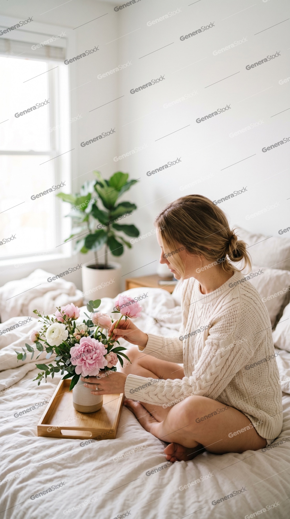 Young woman in a cozy sweater sitting on a bed and arranging a beautiful bouquet of pink peonies in a vase