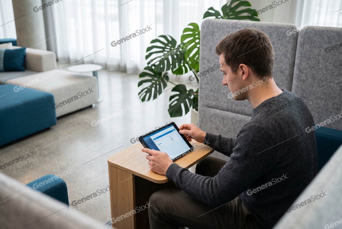 Young professional man sitting in a modern coworking space and using a digital tablet for work in a bright office environment