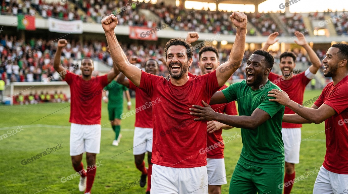 Excited soccer players celebrating a goal on the field in a packed stadium during a match