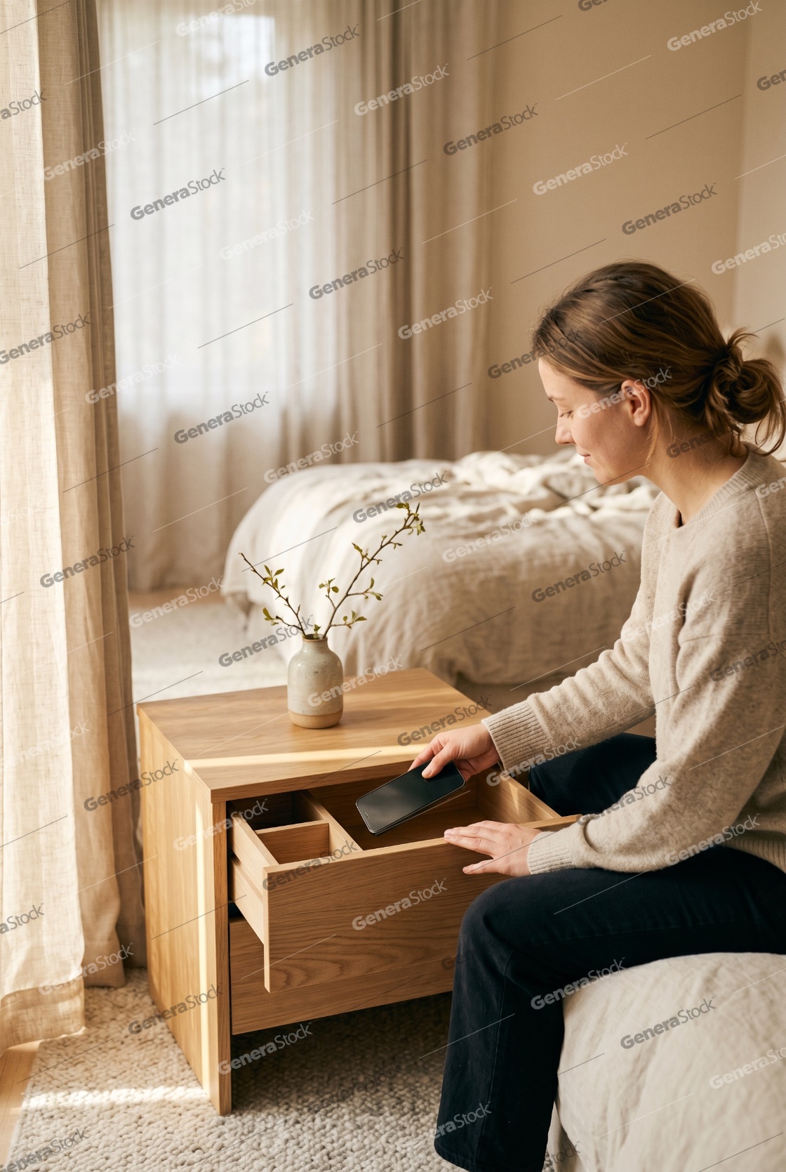 Young woman putting her smartphone into a wooden nightstand drawer in a bright minimalist bedroom, practicing digital detox