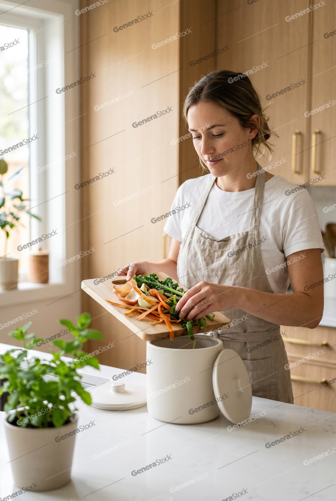 Young woman in an apron scraping organic vegetable scraps from a cutting board into a ceramic compost bin in a bright modern kitchen