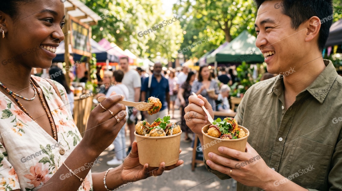 Happy multiethnic couple enjoying delicious street food at a vibrant outdoor market festival