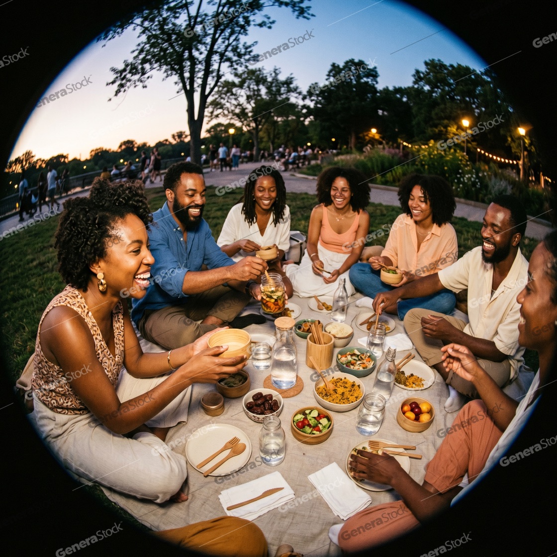 Fisheye view of a diverse group of happy Black friends enjoying a picnic meal in an urban park at sunset
