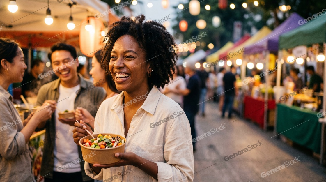 Happy young woman laughing while eating street food with friends at a vibrant night market