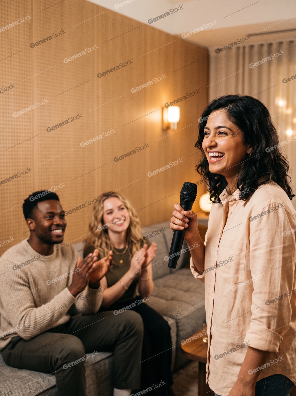Joyful young woman holding a microphone and laughing during a karaoke night with diverse friends clapping in the background