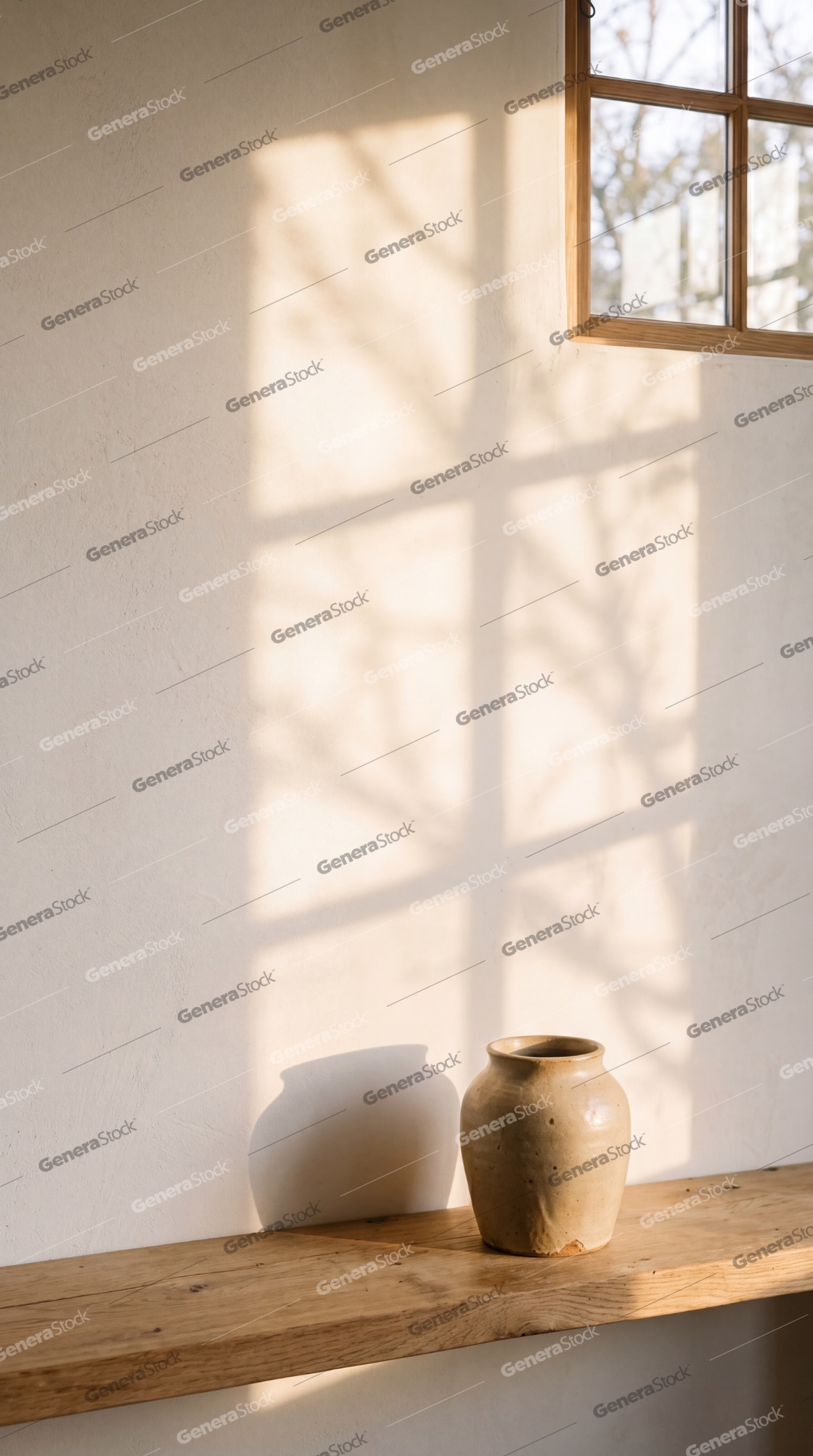 Minimalist interior with ceramic vase on wooden shelf and warm window sunlight shadows on the wall