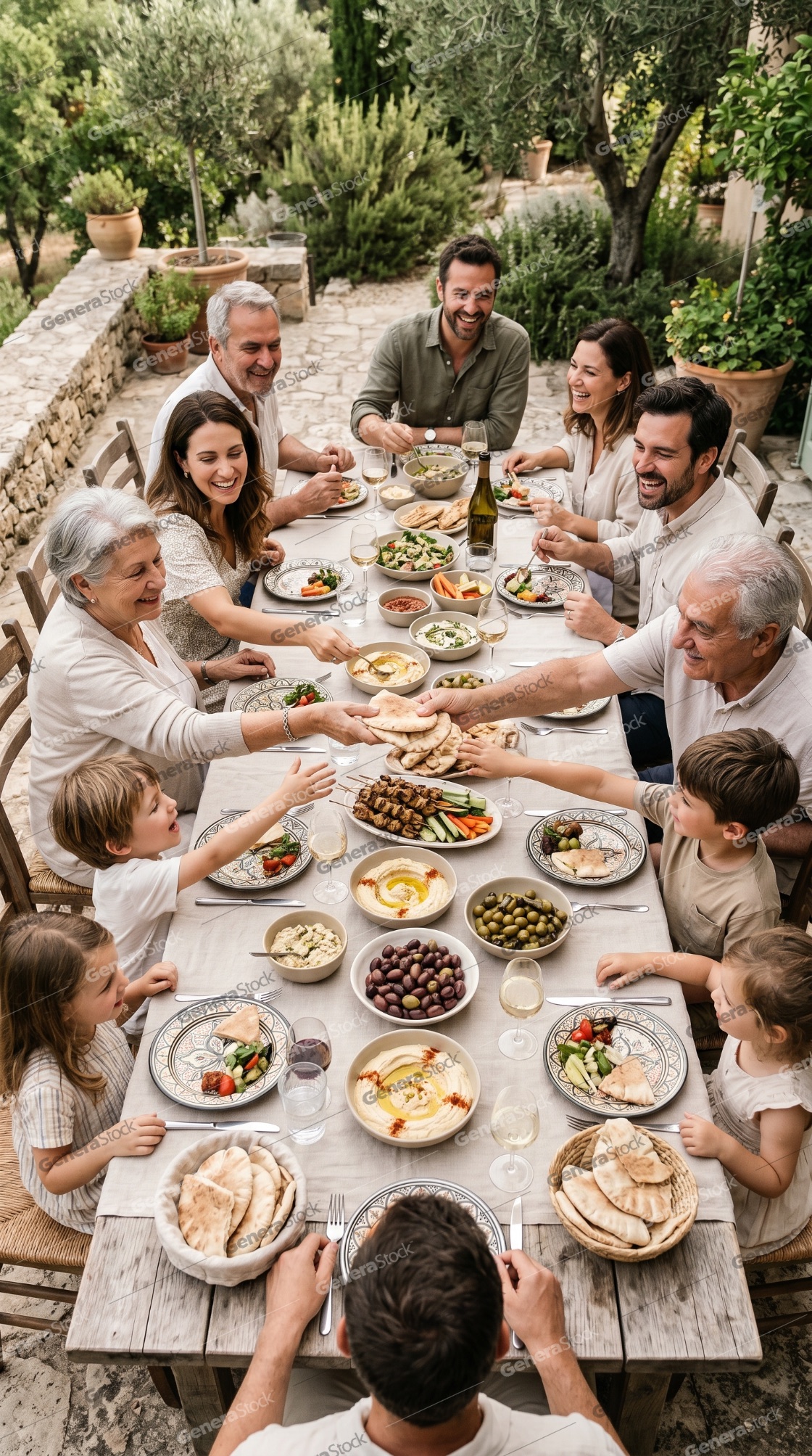 Happy Multi-generational Family Sharing Traditional Mediterranean Meal at Long Outdoor Table in Garden