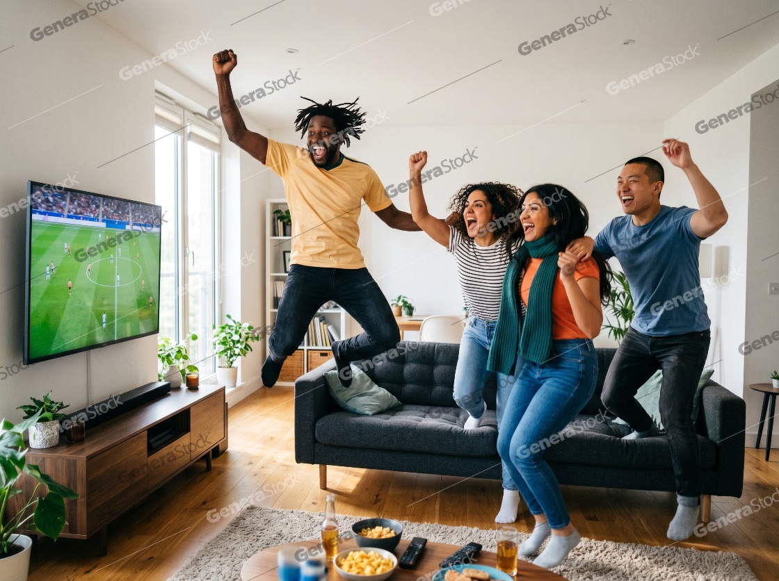 Diverse group of excited friends jumping and cheering while watching a soccer match on television in a modern living room