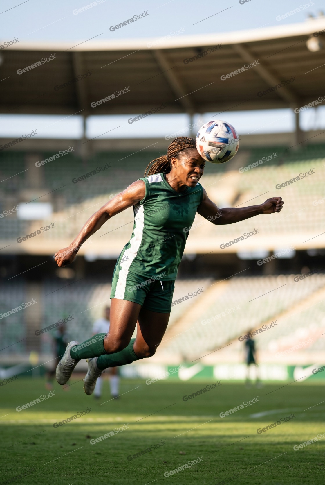 Determined female soccer player jumping high to head the ball during a match in a professional stadium