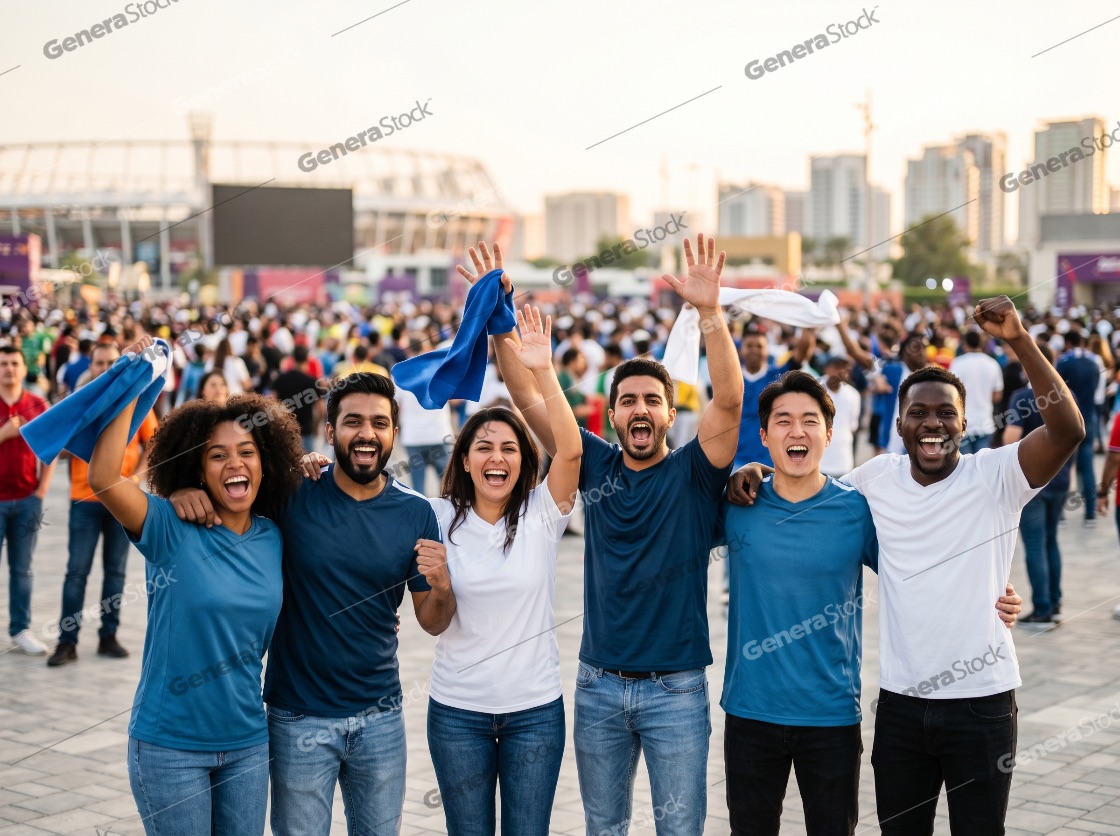 Diverse Group of Excited Sports Fans Celebrating Together Outside a Stadium During a Major Tournament