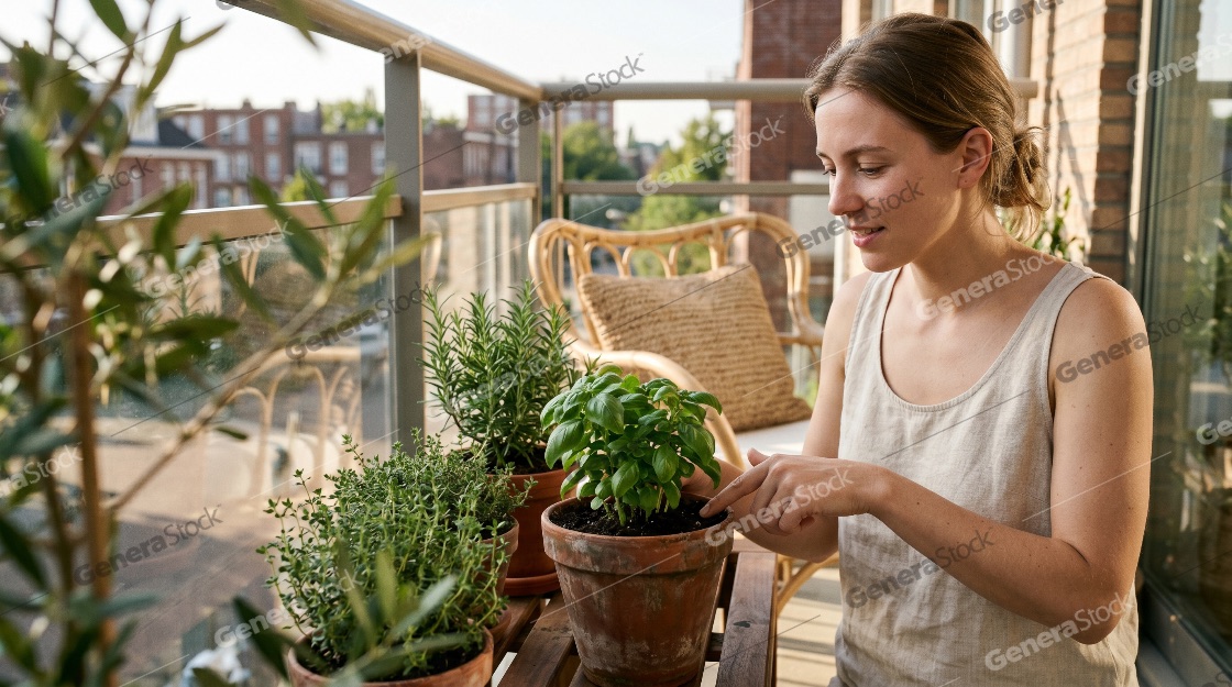 Smiling young woman taking care of her herb garden on a sunny urban balcony, touching the soil of a basil plant in a terracotta pot