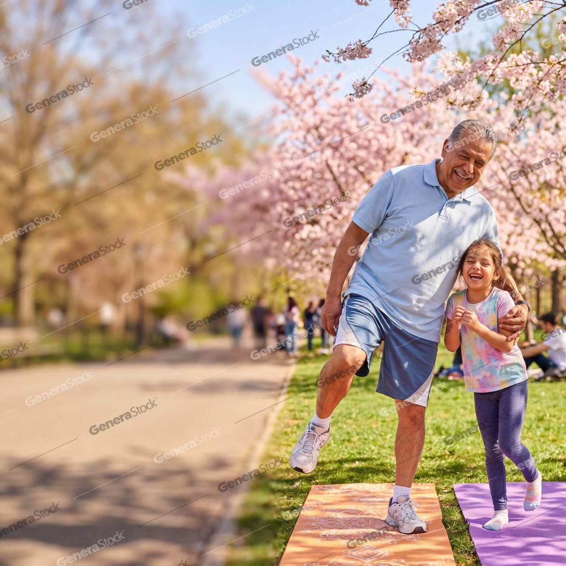 A happy senior Hispanic grandfather and his young granddaughter enjoy a sunny spring day in the park, practicing yoga and balancing on mats under blooming pink cherry blossom trees together