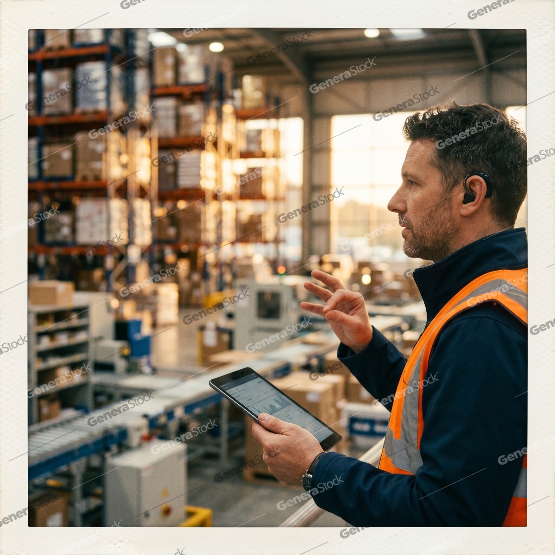 Professional warehouse manager using a digital tablet to manage inventory and logistics in a large distribution center