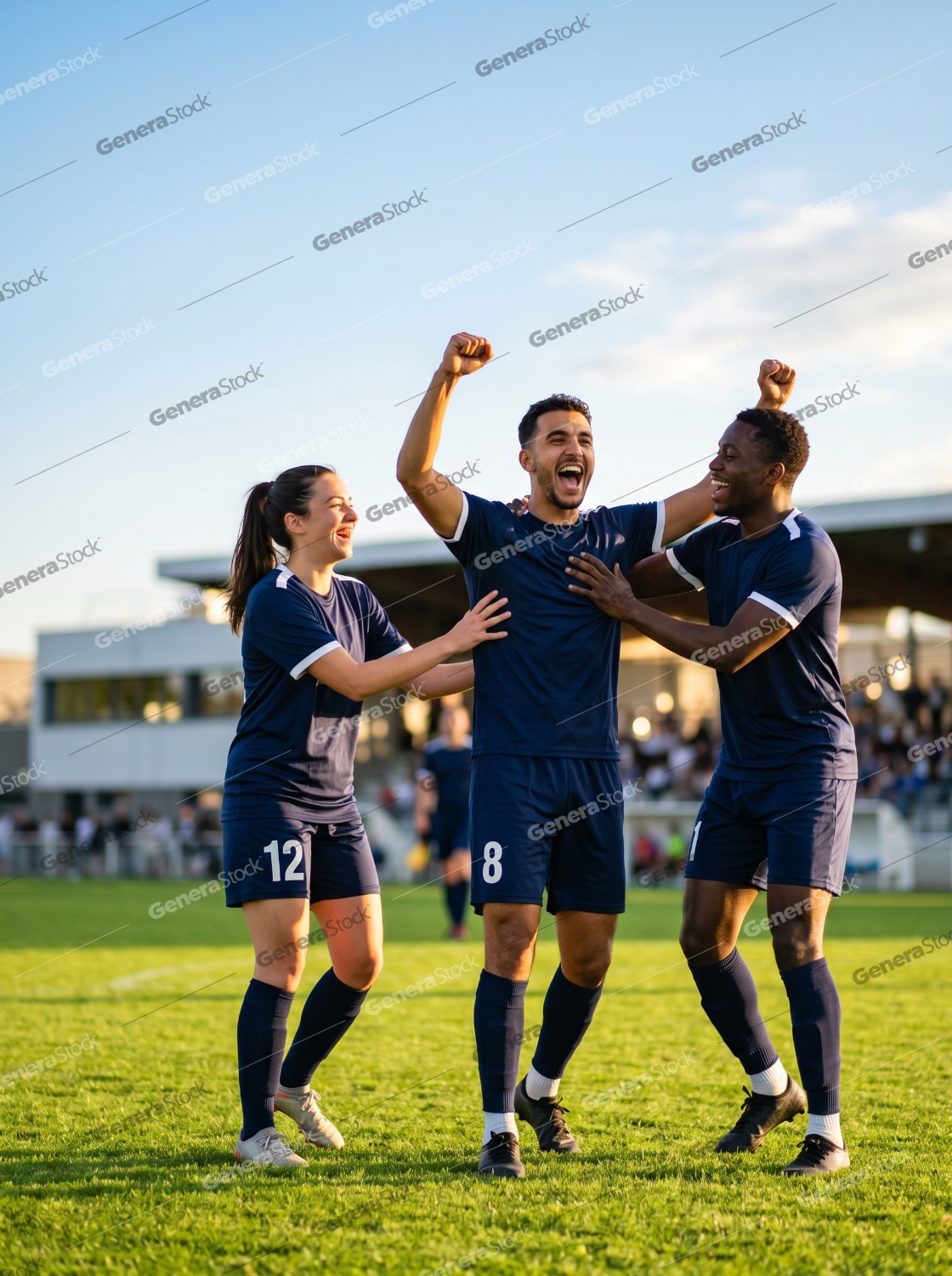 Diverse group of soccer players in blue uniforms celebrating a victory on a green field under a clear blue sky