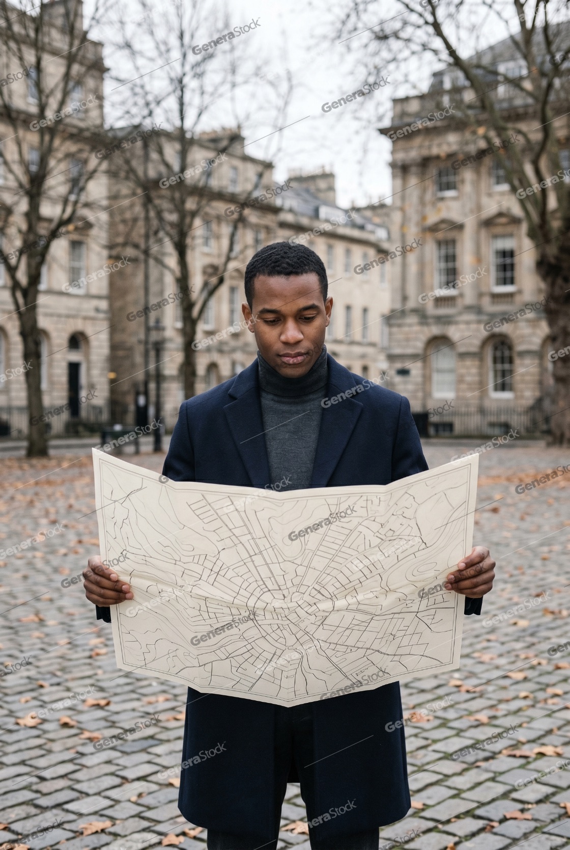 Young African American man in a stylish navy coat looking at a paper city map while standing in a historic European square during autumn