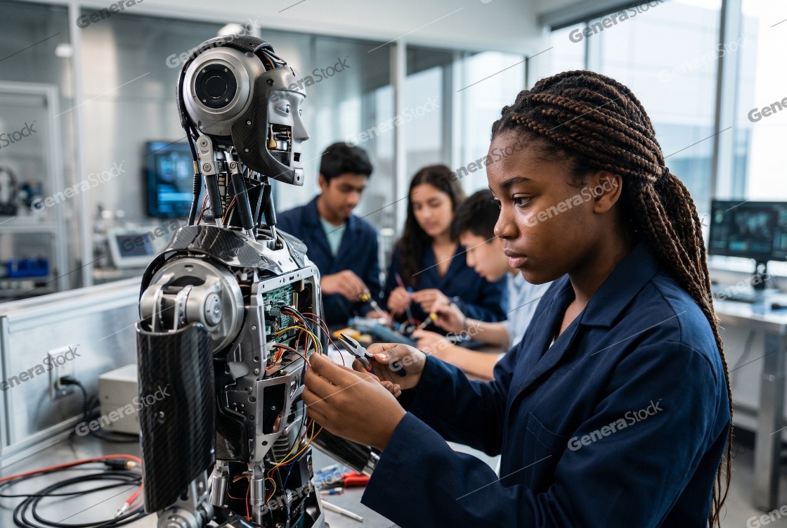 Young African American female student focused on repairing and wiring a sophisticated humanoid robot in a modern high-tech laboratory setting