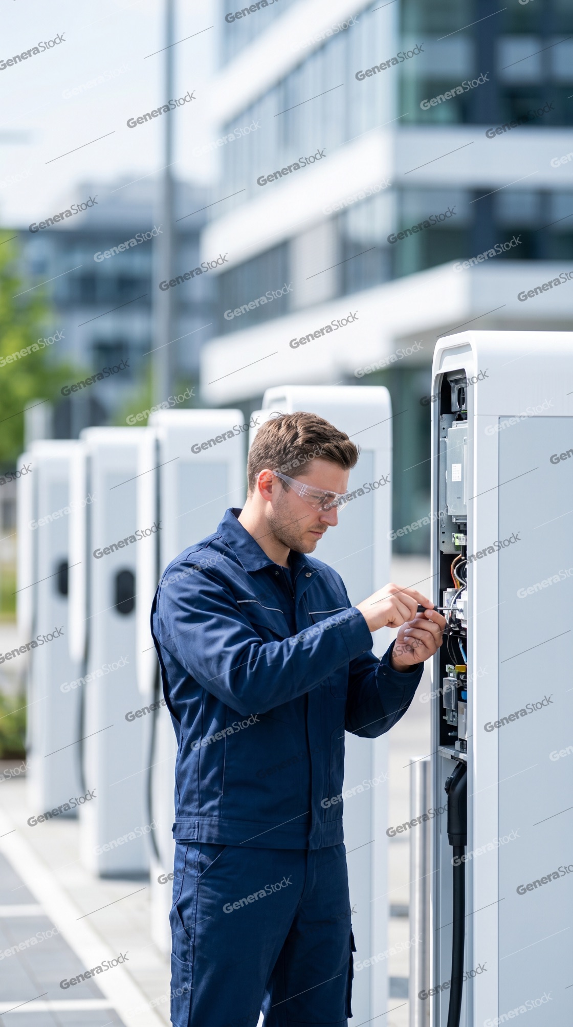 Professional technician in blue uniform repairing an electric vehicle charging station outdoors