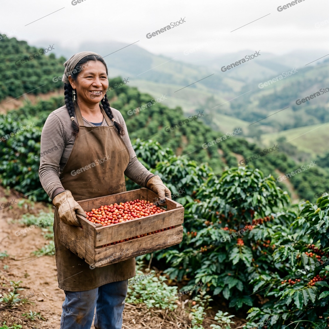 Smiling female farmer holding a wooden crate of freshly harvested red coffee cherries on a hillside plantation