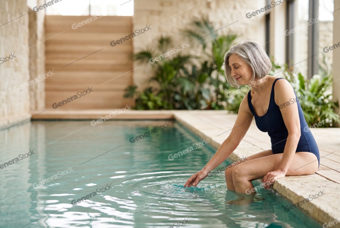 Elegant senior woman relaxing by an indoor swimming pool at a luxury spa