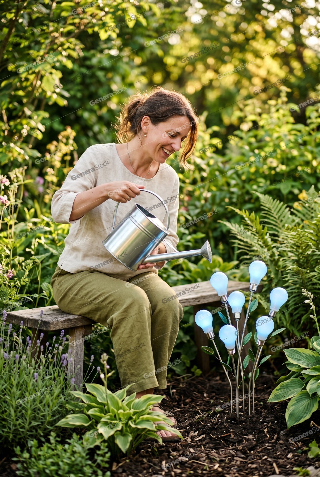 Smiling woman watering glowing light bulb plants in a lush garden, representing innovation and sustainable energy concepts