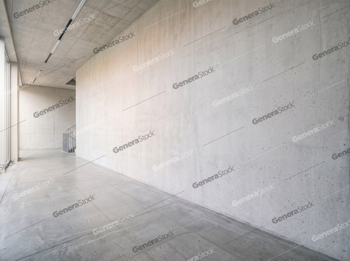 Modern minimalist interior featuring raw concrete walls and polished floor in an empty industrial hallway