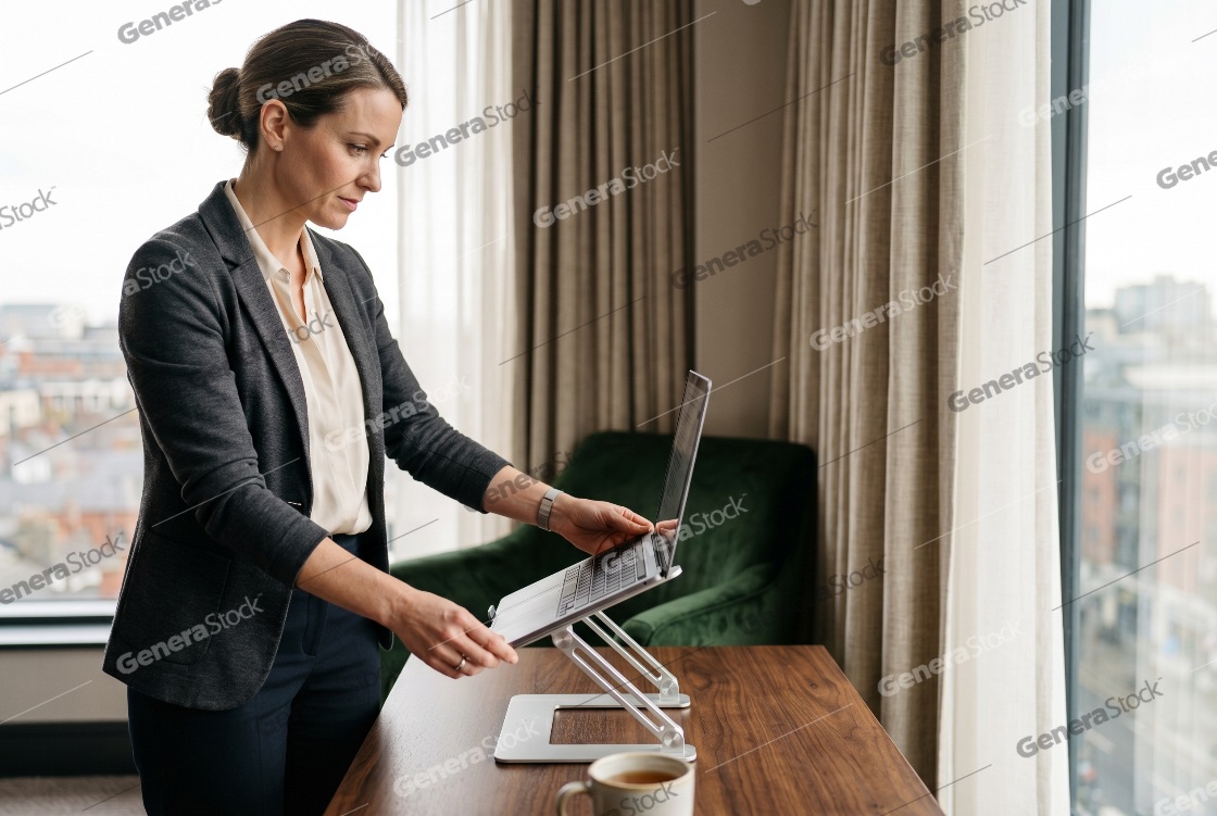 Professional businesswoman adjusting laptop on ergonomic stand in modern office with city view
