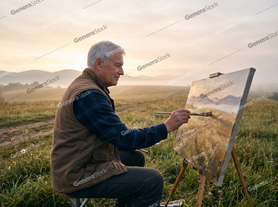 Senior man painting a beautiful landscape on canvas in a field at sunrise, capturing the serene mountain view
