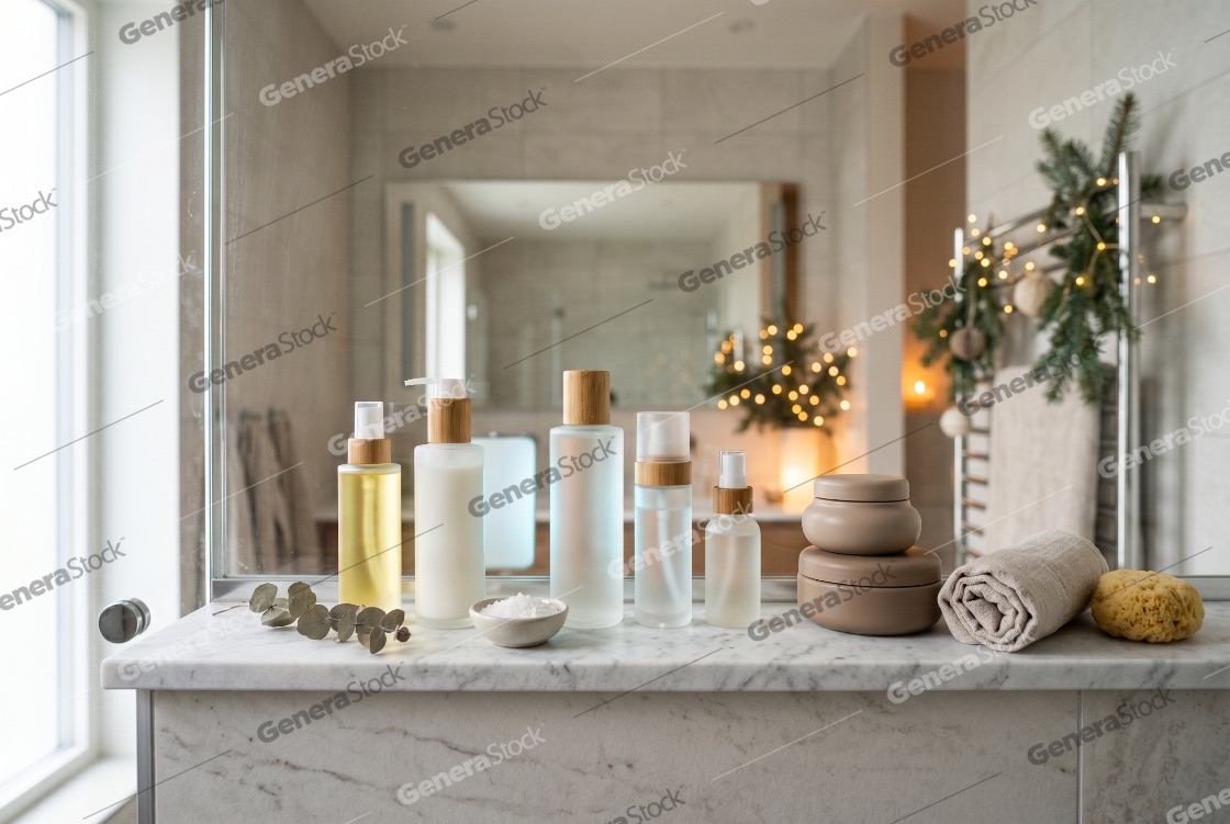 Eco-friendly skincare products on a marble bathroom counter with festive holiday decorations