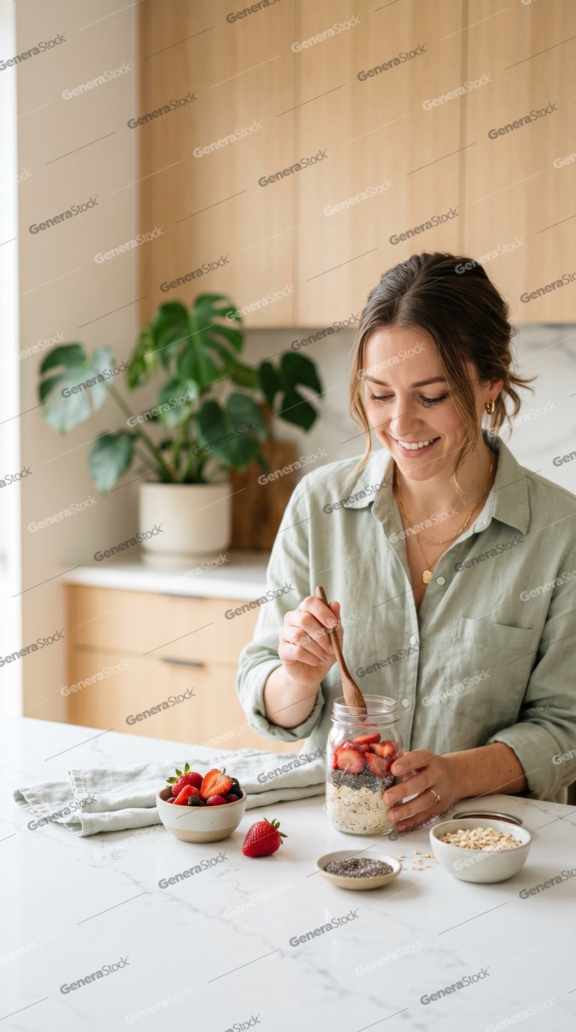 A young woman smiling while preparing a healthy breakfast of overnight oats with strawberries and chia seeds in a bright kitchen