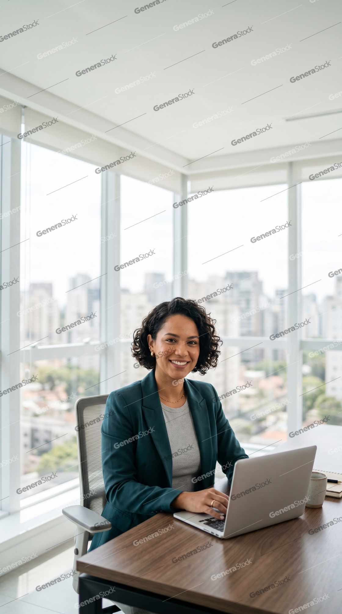 Successful business woman smiling while working on laptop in a modern high-rise office with city view