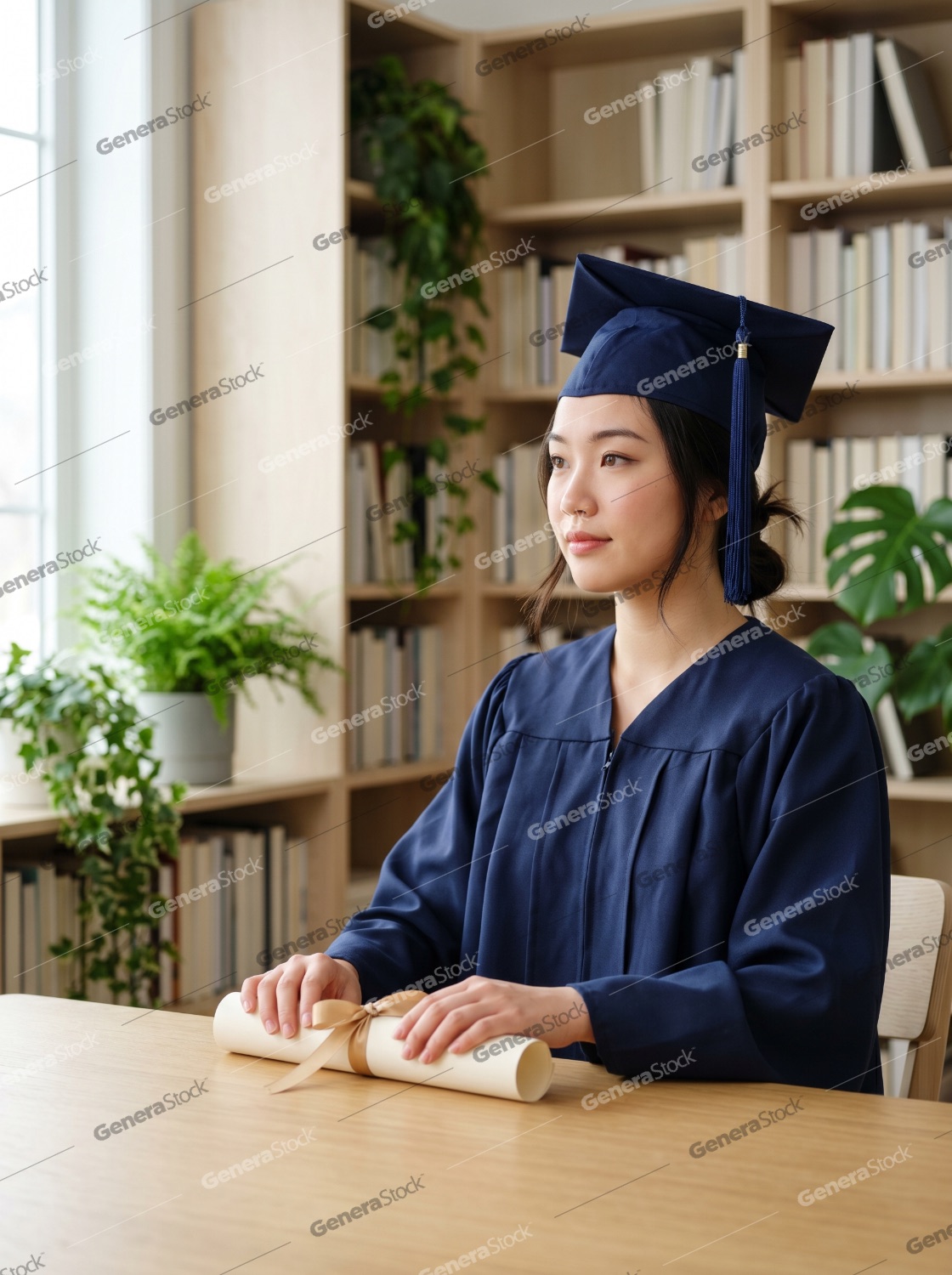 Young Asian female graduate in blue academic gown and mortarboard sitting at a desk with her diploma in a library setting