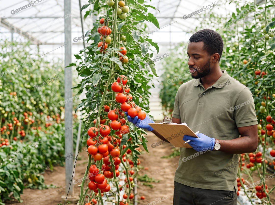 African American agronomist inspecting ripe red tomatoes in a greenhouse with a clipboard