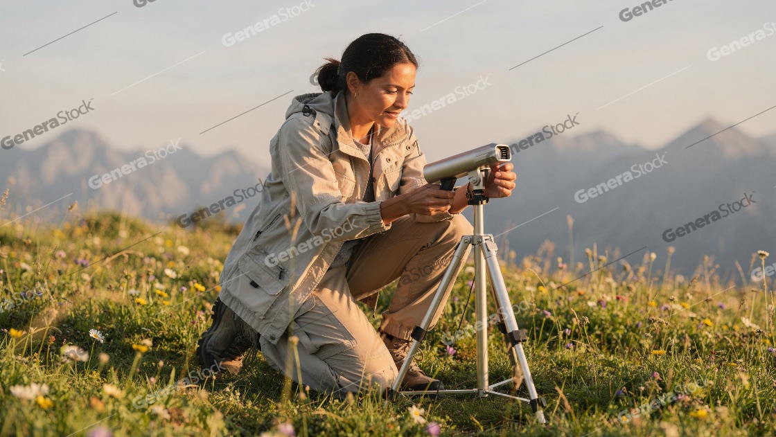 Female scientist or researcher adjusting a precision measuring i