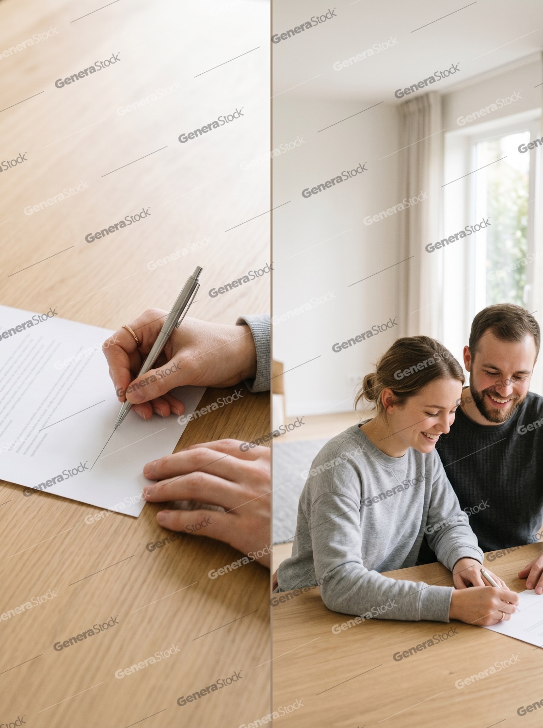 Happy young couple signing a legal document or mortgage agreement at home