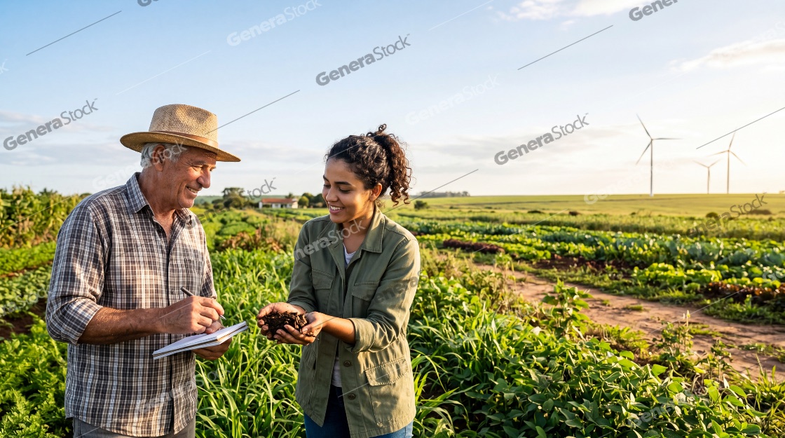 Senior male farmer and young female agronomist checking soil health in a green vegetable field with wind turbines in the background