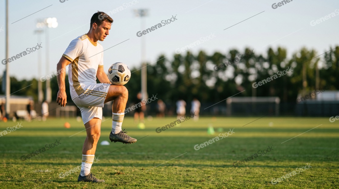 Athletic young man in white uniform practicing soccer skills and juggling a ball on his knee on a green field during sunset