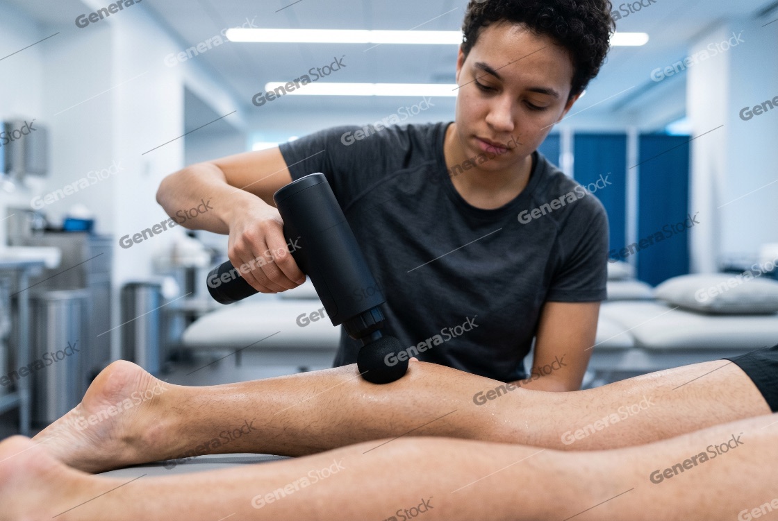 Professional female therapist using a handheld percussion massage gun on a male athlete's leg for muscle recovery