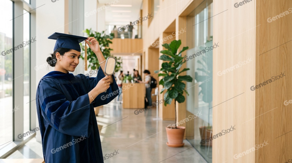 Young South Asian Female Graduate Adjusting Her Cap and Tassel While Looking in a Mirror in a Modern University Hallway